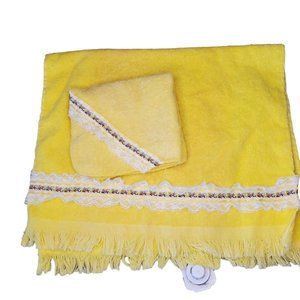 Vintage Cannon Sunshine Yellow Lace Floral Ruffle Hand Towel Washcloth‎ Set USA